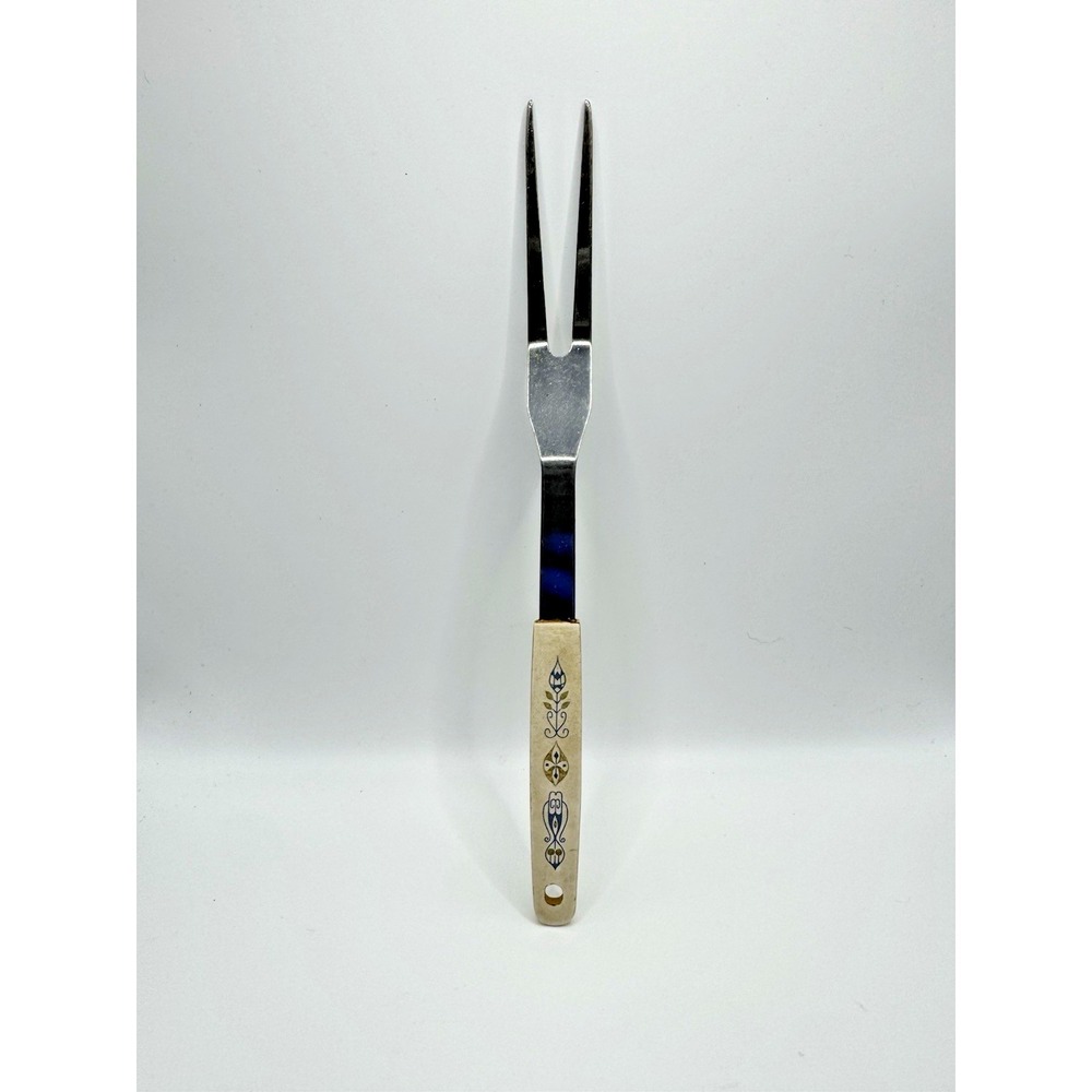 Vintage Japan Stainless Steel Plastic Handle Blue Gold Floral Design Meat Fork